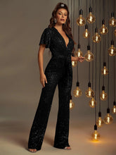 Elegant V Neck Short Sleeve Sequins Jumpsuit - Elonnashop